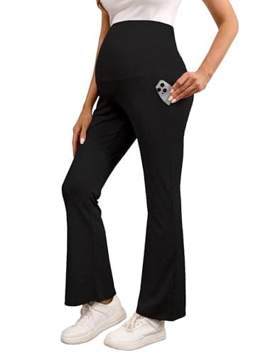 BRATUC Maternity Pants for Women Bamboo Viscose Pregnancy Pants Soft Stretchy Comfy Lounge Pajama Bell Bottoms with Pockets Medium Black - Image 1