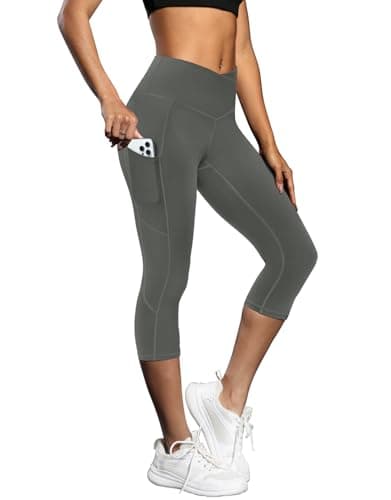 Fihapyli ICTIVE Women's Capris Yoga Pants with Pockets Crossover High Waisted Fitness Running Leggings Grey S - Image 1