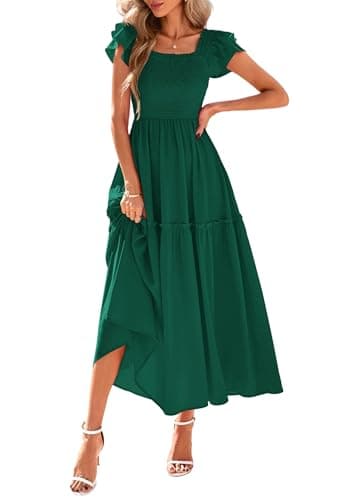 KIRUNDO Smocked Summer Dresses for Women 2026 Wedding Guest Midi Flowy Ruffle Short Sleeve Square Neck Tiered Sundress(Dark Green, XX-Large) - Image 1
