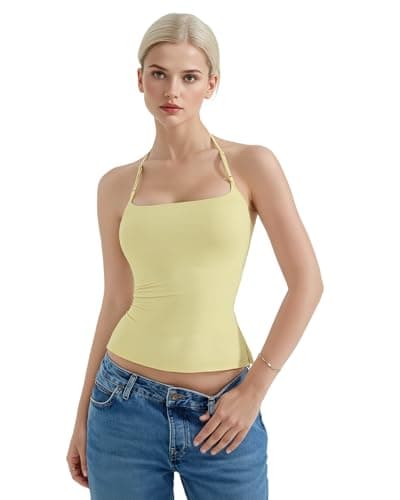 Women Halter Tank Tops Backless Sexy Summer Going Out Y2K Tops Sleeveless Double Line Camisole Crop Top Shirts(Yellow,Medium) - Image 1