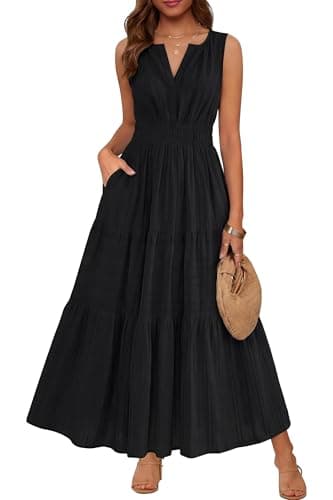 Autumn Flowerwall Women's Summer Maxi Dress Sleeveless Premium Lyocell Breathable Smocked Elastic Waist Tiered Flowy Long Dress with Pockets Beach Vacation Wedding Guest Garden Party Black XL