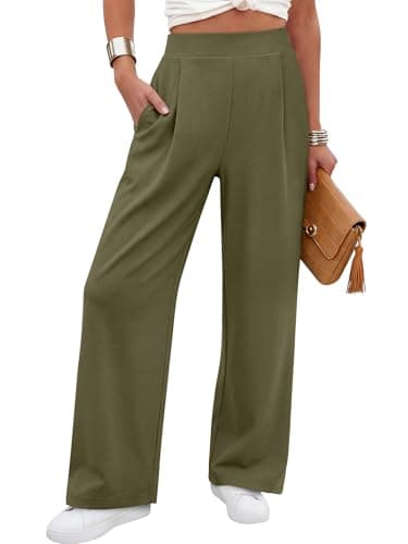 ANRABESS Womens Pants Wide Leg Waffle Knit Casual Stretchy Work Dress Pants 2026 Pull on Business Slacks Trousers Outfits X-Large Pea Green - Image 1