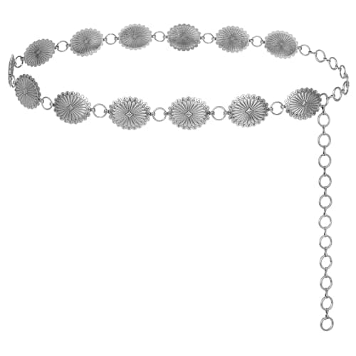 FIORETTO Concho Chain Belt for Women, Metal Western Cowboy Cowgirl Oval Waist Chain, Boho Country Style Belt for Dress & Jeans, Silver, Length 45inch - Image 1