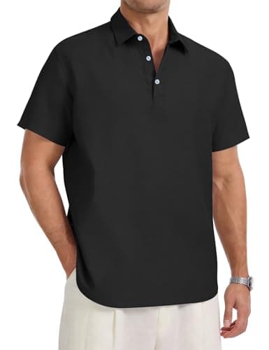 Eisctnd Men's Polo Shirts Short Sleeve Linen Blend Golf Collared T-Shirt for Summer Wedding Beach Vacation Business Casual(Black-XL) - Image 1