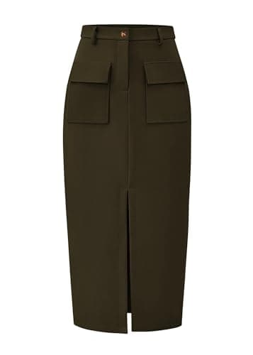KIRUNDO Midi Skirts for Women Summer Fall High Waisted Cargo Trendy Pencil Slit Dressy Casual Business Work Long Skirt(Army Green, X-Large) - Image 1