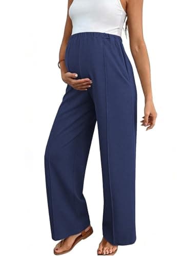 BLENCOT Casual Maternity Pants for Office Work Professional Teacher Trousers Lightweight Relaxed Fit Pregnancy Clothes with Pockets Blue L - Image 1