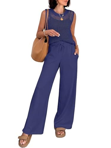 ANRABESS Women 2 Piece Summer Outfits 2026 Crochet Sweater Vest Wide Leg Pants Lounge Matching Sets Travel Vacation Clothes Navy Blue Small - Image 1