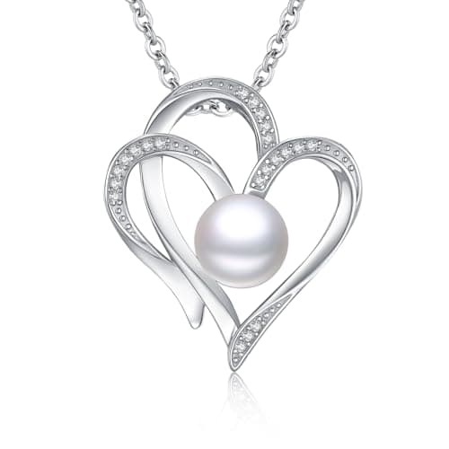 8mm Pearl Necklace 925 Sterling Silver Jewelry AAAAA Cubic Zirconia Heart Pendant Necklace Best Gifts for Mom Women Girlfriend Grandma Friend Lover Her Wedding Birthday Anniversary Graduation Daily - Image 1