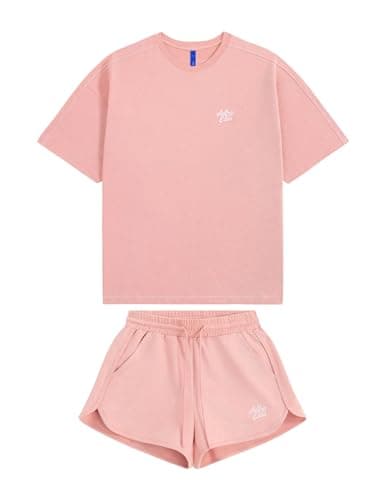 Aelfric Eden Cloud Oversized Sweat Set for women 2 Piece Shorts Outfits 2026 Summer Casual Loose Short Sleeve Matching Lounge Sets Pink Large - Image 1