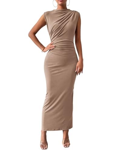 BTFBM Women Ruched Bodycon Maxi Dresses Summer Casual Sleeveless Lightweight Slit Elegant Cocktail Wedding Guest Dress(Khaki, Large) - Image 1