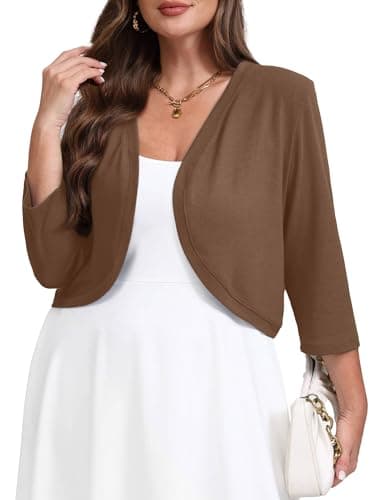AusLook Plus Size Women Bolero Shrugs 3/4 Sleeve Coffee 3X Open Front Knit Lightweight Coat Cropped Tops Shawls and Wraps Cardigan Dressy Sweater Clothes