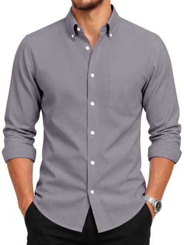 GIANZEN Grade 3.5 Wrinkle-Resistant Men's Purple Grey Lightweight Oxford Dress Shirts Long Sleeve Business Casual Pocket Shirt Purple Grey Size XXL - Image 1