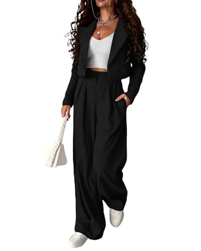 KIRUNDO Blazer Sets Women 2 Piece Outfits Casual Cropped Blazer Jackets High Waist Wide Leg Pant Suits Dressy Office Clothes(Black, X-Large) - Image 1