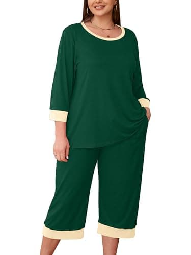 AusLook Women’s Plus Size Pajama Sets Dark Green 1X Soft 3/4 Sleeve Nightwear Top and Capri Pants Lounge Set with Pockets - Image 1