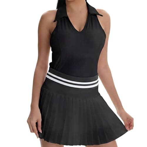 VIPARK Womens Tennis Skirt Set Sleeveless Ribbed Fitted Top and Pleated Mini Skirt with Built in Shorts Pockets Athletic Golf Workout Activewear Outfit Black - Image 1