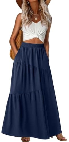GRECERELLE Women's Navy Blue Maxi Skirt Summer High Waisted Trendy Flowy Casual Boho Tiered A-Line Long Skirts with Pockets, 2XL - Image 1