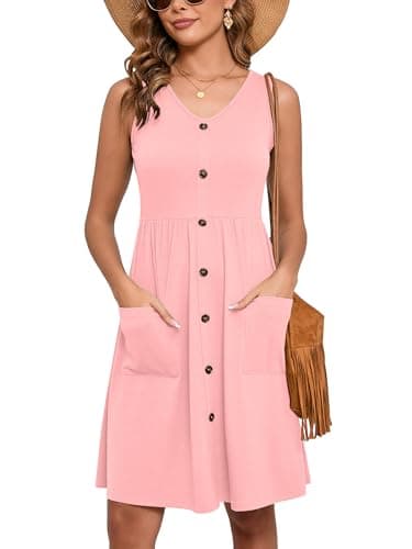 Heymoments Women Summer Dress Pink Medium Sleeveless V Neck Casual Cute Loose Sundress Comfy Swing Button Down Midi Work Flowy Tunic Ladies Beach Vacation Teacher Dresses with Pockets - Image 1