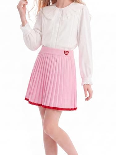 Girls Pink Knit Pleated Skirt with Red Trim, Elastic Waist Sweet Style Skirt for Teens 6-16Y - Image 1