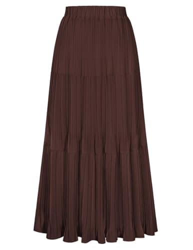 Kate Kasin Women's Chocolate Brown Chiffon Maxi Skirt, Pleated High Waist Long Skirts, Summer Tiered A Line Flowy Skirts - Image 1