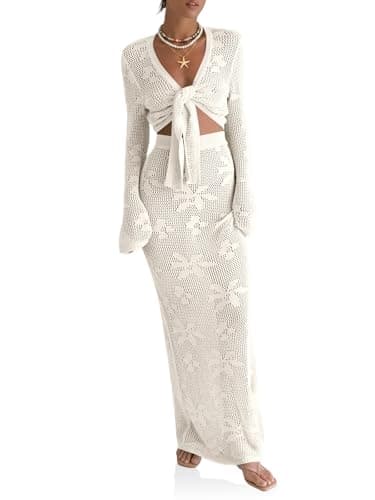 Beloyoni Women's Summer Swimsuit Coverup Crochet Knit Cardifan Tops Long Skirt Beach Set Swimwear Bathing Suit Cover Ups White L - Image 1