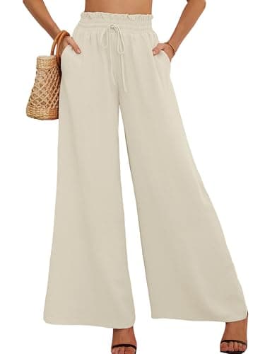 AusLook Women's Wide Leg Dress Pants with Pockets Ivory Medium Lightweight Elastic High Waisted Adjustable Tie Knot Flowy Loose Slacks Lounge Casual Ladies Beach Pleated Trousers - Image 1