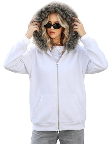 Wyeysyt Women's Y2k Hoodie Jacket Faux Fur Zip Up 2000s Clothing Emo Grunge Coat 90S Hood Vintage Teen Sweatshirts(White,XL) - Image 1
