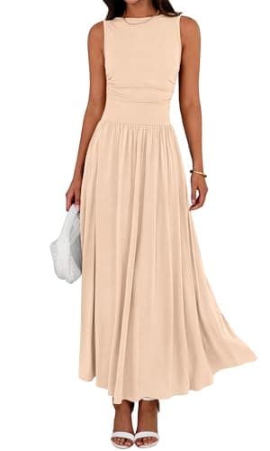BTFBM Summer Maxi Dresses for Women 2026 Spring Sleeveless Casual Ruched High Waisted Long Sundress Flowy Beach Dress(Beige, Large) - Image 1