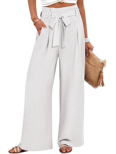 ANRABESS Womens Wide Leg Palazzo Pants Belted High Waisted Business Casual Flowy Long Trousers with Pockets White-XXL - Image 1