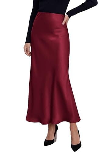 PRETTYGARDEN Women's 2026 Fall Fashion Maxi Long Skirts Trendy Silk Satin High Waisted A Line Mermaid Business Casual Outfits (Burgundy,X-Large) - Image 1