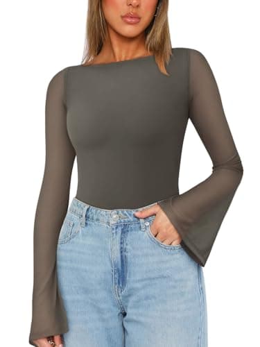 REORIA Women’s Fashion Sexy Boat Neck Classy Bell Sleeve Double Lined Sheer Mesh Cute Night Out Bodysuit Tops For Party Grey Green X-Large - Image 1