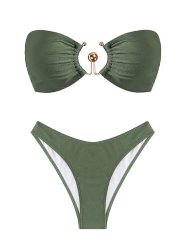ZAFUL Women's Bandeau Bikini Set Tie Back Swimwear O Ring Strapless Two Piece Bathing Suit Green S - Image 1