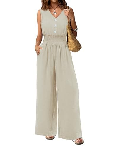 LOOKBOHO Women's Jumpsuit Romper Dressy Sleeveless Casual V Neck Jumpers Wide Leg Pants One Piece Summer Outfit(AT,L) - Image 1