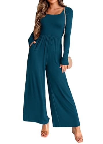 KIRUNDO Long Sleeve Jumpsuit for Women 2026 Spring Outfits Summer One Piece Square Neck Wide Leg Pants Romper With Pockets(Lake Blue, Large) - Image 1