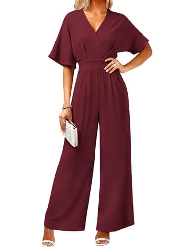LOOKBOHO Womens Short Sleeve Dressy Jumpsuits V Neck Wide Leg Pant Romper Casual Wedding Party One Piece Outfits Red XL - Image 1
