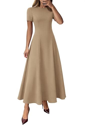 KIRUNDO Wedding Guest Dresses for Women 2026 Spring Summer Short Sleeve Pleated Long Flowy A Line Formal Maxi Dress Pockets(Khaki, XX-Large) - Image 1