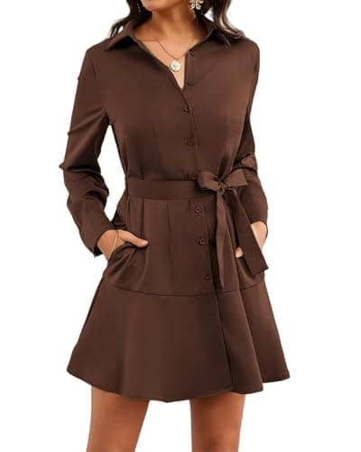 Women Long Sleeve Casual Satin Button Up Down Front Midi Belt Shift Collar Shirt Dress with Pocket Ladies Deep Dark Brown Chocolate Work Office Business Holiday Vocation Ruffle Hem Dresses - Image 1