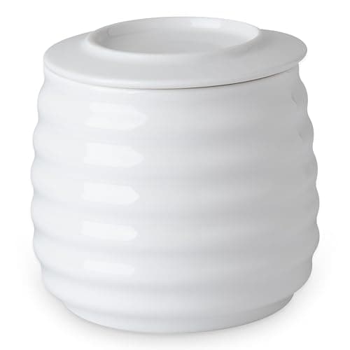 ACYHGGI Farmhouse Butter Keeper Crock, 11 oz Large Ceramic Butter Dish with Lid, Water Seal for Fresh Spreadable Butter, Holds 2-3 Sticks, Easy-Grip & Wide Lid, Arctic White - Image 1