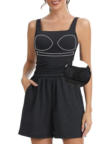 SLIMBELLE Built In Bra Athletic Rompers For Women Summer Square Neck Adjustable Strap Pleated Waist Pockets Short Jumpsuit One Piece Outfits BLACK M - Image 1