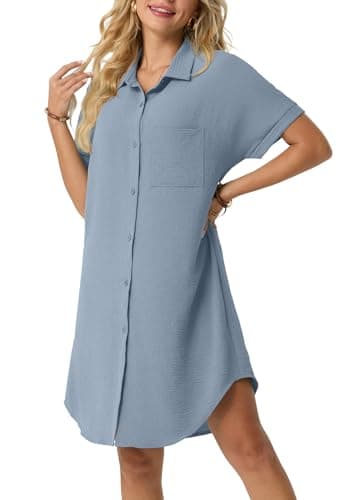HiMONE Women’s Button Down Shirt Dress Cover Up Casual Loose Fit Short Sleeve Collared Tunic with Pocket Lightweight Beach Coverup - Image 1