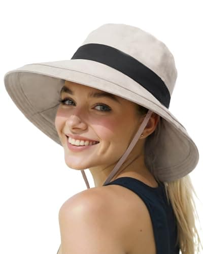 Senker Fashion Sun Hats for Women UV Protection, Waterproof Ponytail Wide Brim Bucket Hat for Summer Beach Gardening Travel Beige - Image 1