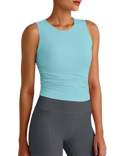 G4Free Women's Crop Athletic Tank Tops High Neck Workout Tanks Ruched Side Slim Fit Yoga Top for Gym Running Fitness(Light Blue,L)