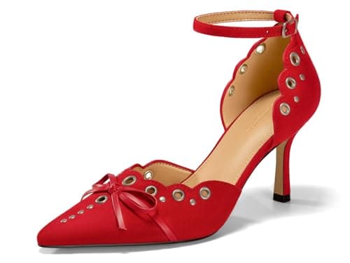 Coutgo Womens High Heels Bow Tie Closed Pointed Toe Stiletto Ankle Strap Studded Suede Dress Shoes, Red, Size 9.5 - Image 1