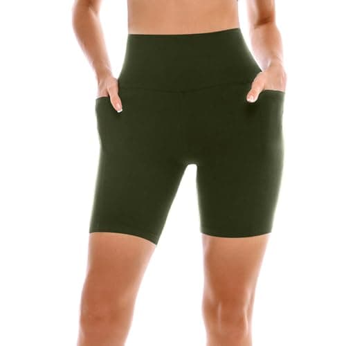 SINOPHANT High Waisted Women Biker Shorts - 6” Buttery Soft Elastic Tummy Control Shorts for Gym, Yoga, Workout(Pockets, S-M, ArmyGreen) - Image 1
