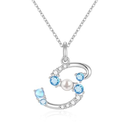 Initial Letter Necklace for Women – 14K White Gold Plated Cubic Zirconia Letter Pearl Pendant, Dainty A-T Alphabet Jewelry, Gift for Mom Wife Valentine Mother Day Christmas S - Image 1