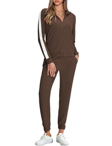 Marvmys 2 Piece Outfits Tracksuit Set for Women Zip Up Sweatsuits Color Block Fashion Athletic Clothing Set with Pockets Dark Brown XL - Image 1