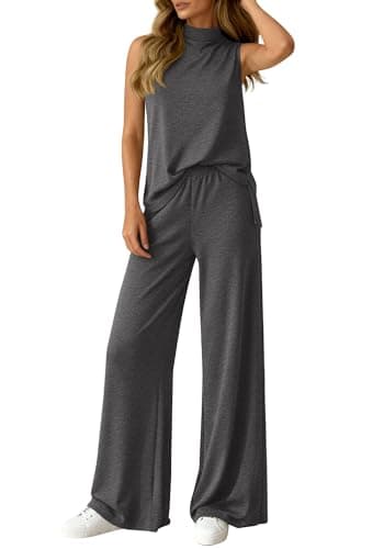 BTFBM 2 Piece Outfits For Women Airport Travel Summer 2026 Loose Mock Neck Sleeveless Wide Leg Pants Workout Lounge Sets(Dark Grey, Large) - Image 1