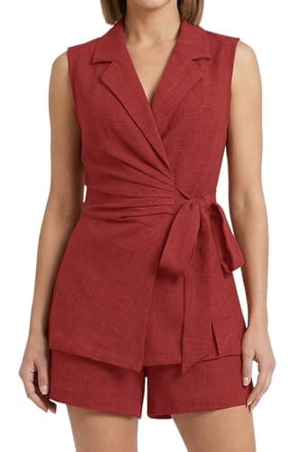 GTMRINJN Women's 2026 Summer 2 Piece Short Sets Ruched Wrapped Sleeveless Notch Lapel Suit Vest Tops High Waist Shorts Business Outfits Office Casual Matching Set Rust Red M - Image 1
