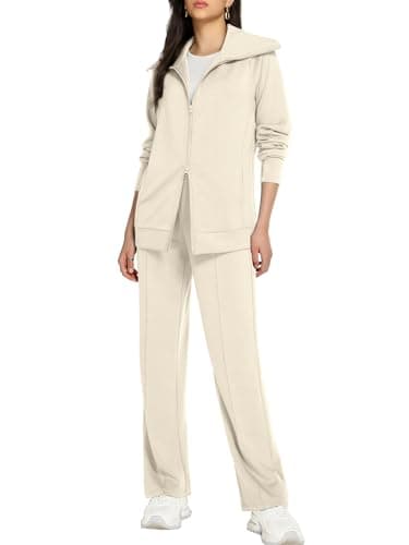 Casly Lamiit Women's 2 Piece Outfits Lounge Set Zip Up Track Suits Sweatsuits Comfy Set Travel Long Sleeve Athletic Clothing Sets Beige M - Image 1