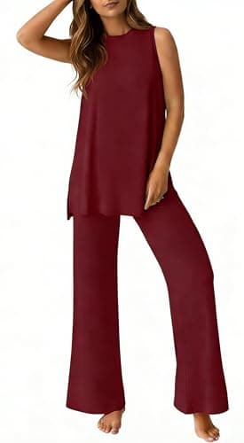 PrinStory Womens Pajamas Sets 2 Piece Soft Pjs for Women Sleeveless Pajama Set Summer Loungewear with Pockets Wine Red-2XL - Image 1