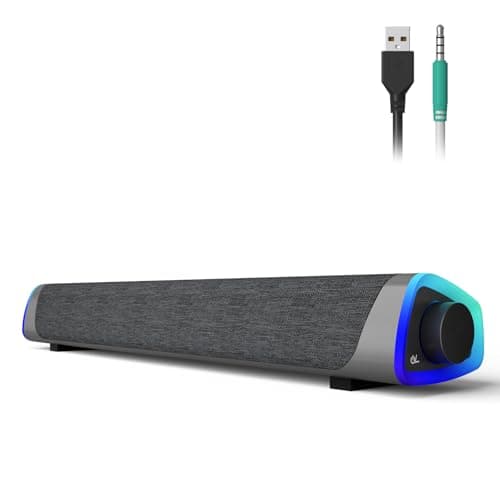 SOULION R30 Computer Speakers, USB Powered PC Speaker, Colorful LED Lights with Switch Button, 3.5mm Aux Surround Soundbar for Desktop Laptop Monitor Office Work Music Gray - Image 1